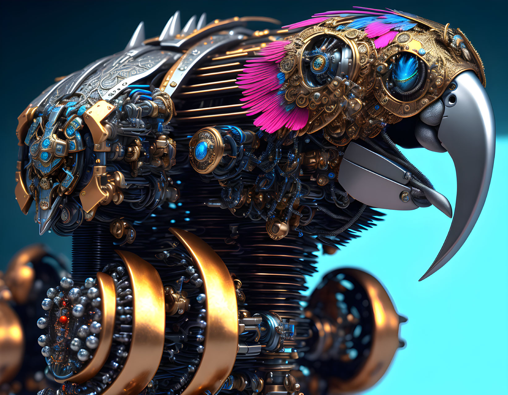 Detailed Mechanical Bird with Pink Feathers on Teal Background