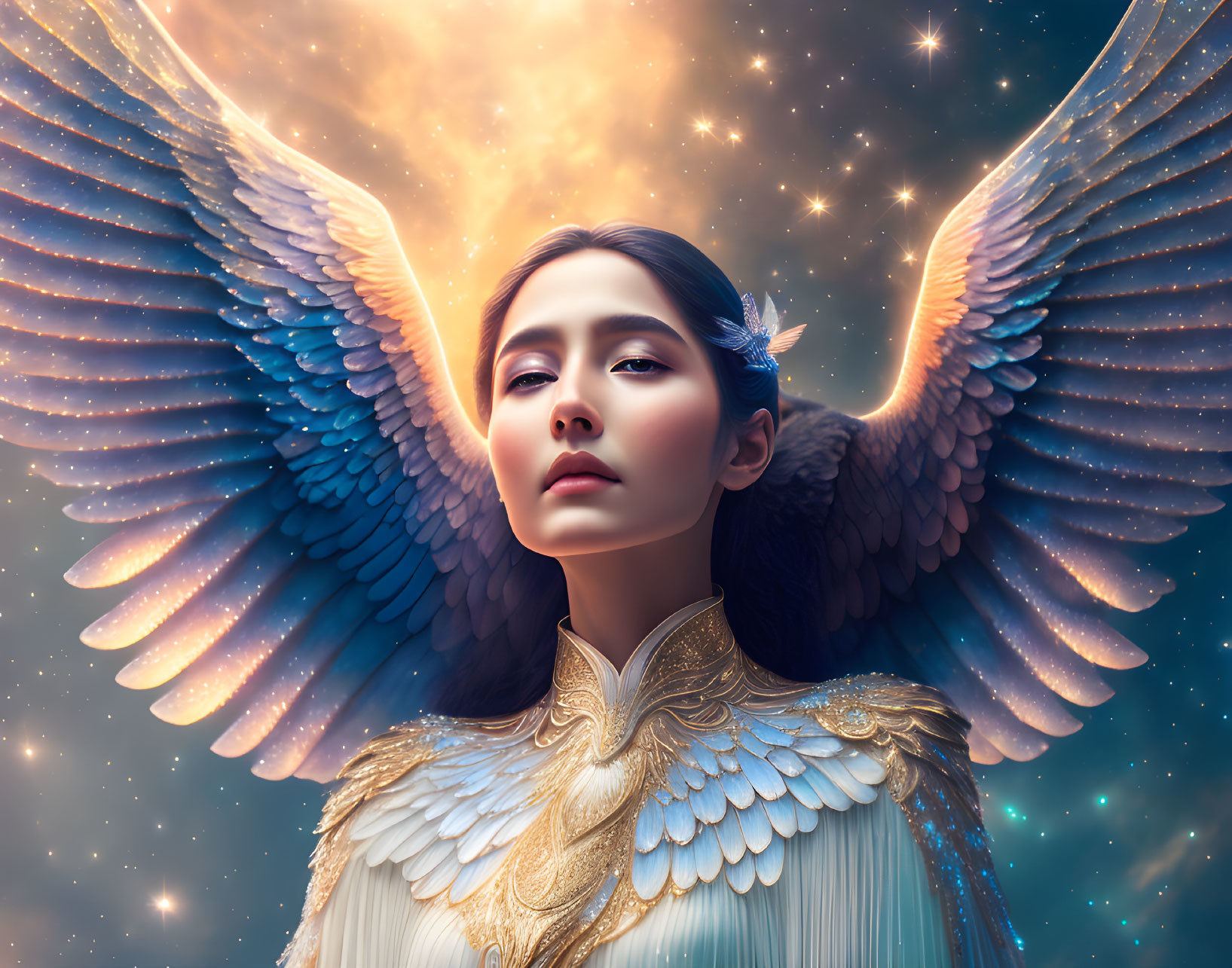 Digital artwork: Woman with angel wings in cosmic backdrop