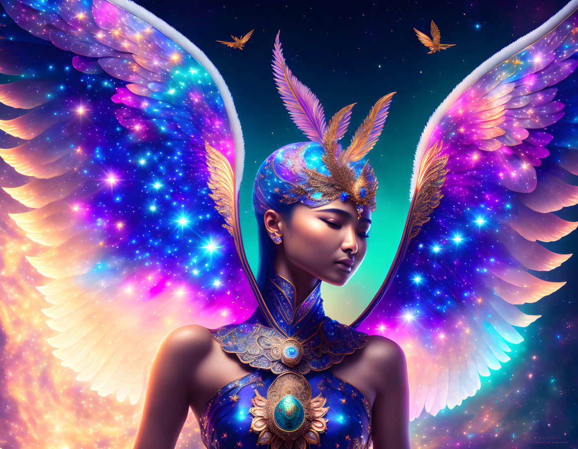 Celestial figure with white wings in blue and gold headdress, stars, butterflies