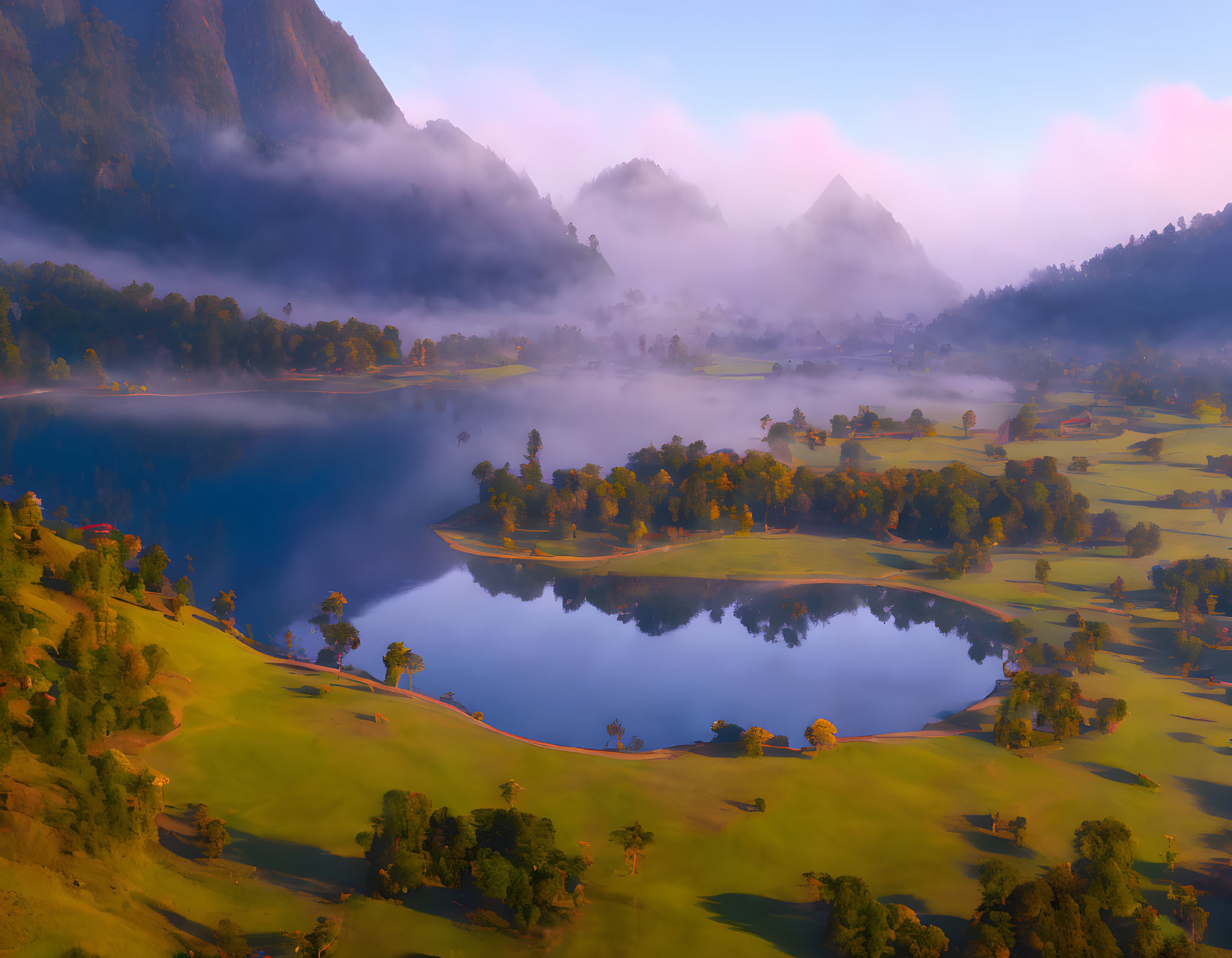 Tranquil landscape with mirror-like lake and misty mountains