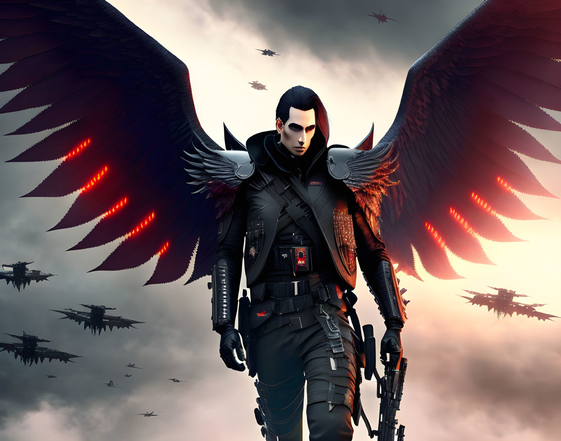 Stylized character with red-tipped wings in tactical gear and rifle against dramatic sky.