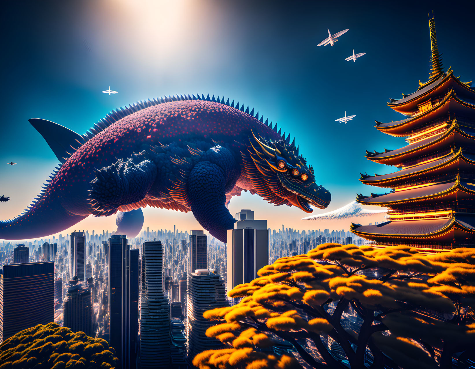 Giant Spiky Creature in Futuristic Cityscape