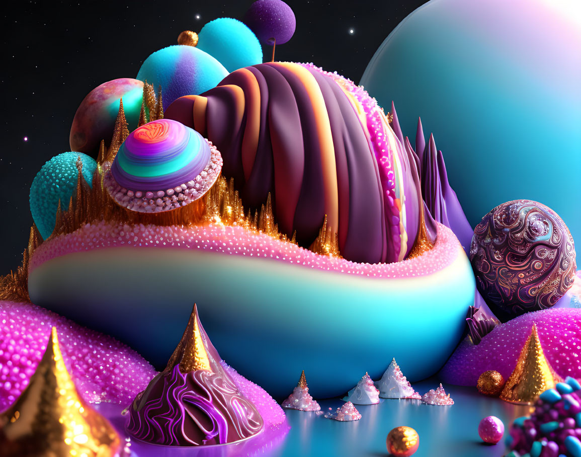 Colorful, textured spheres and cone-like structures in surreal landscape