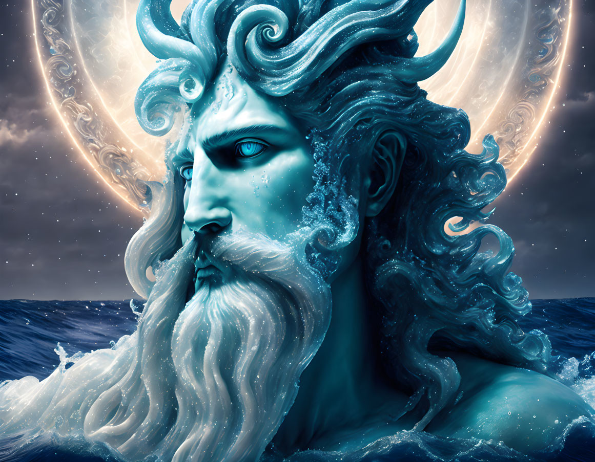 Majestic blue-toned male figure with sea elements in beard on moonlit ocean backdrop