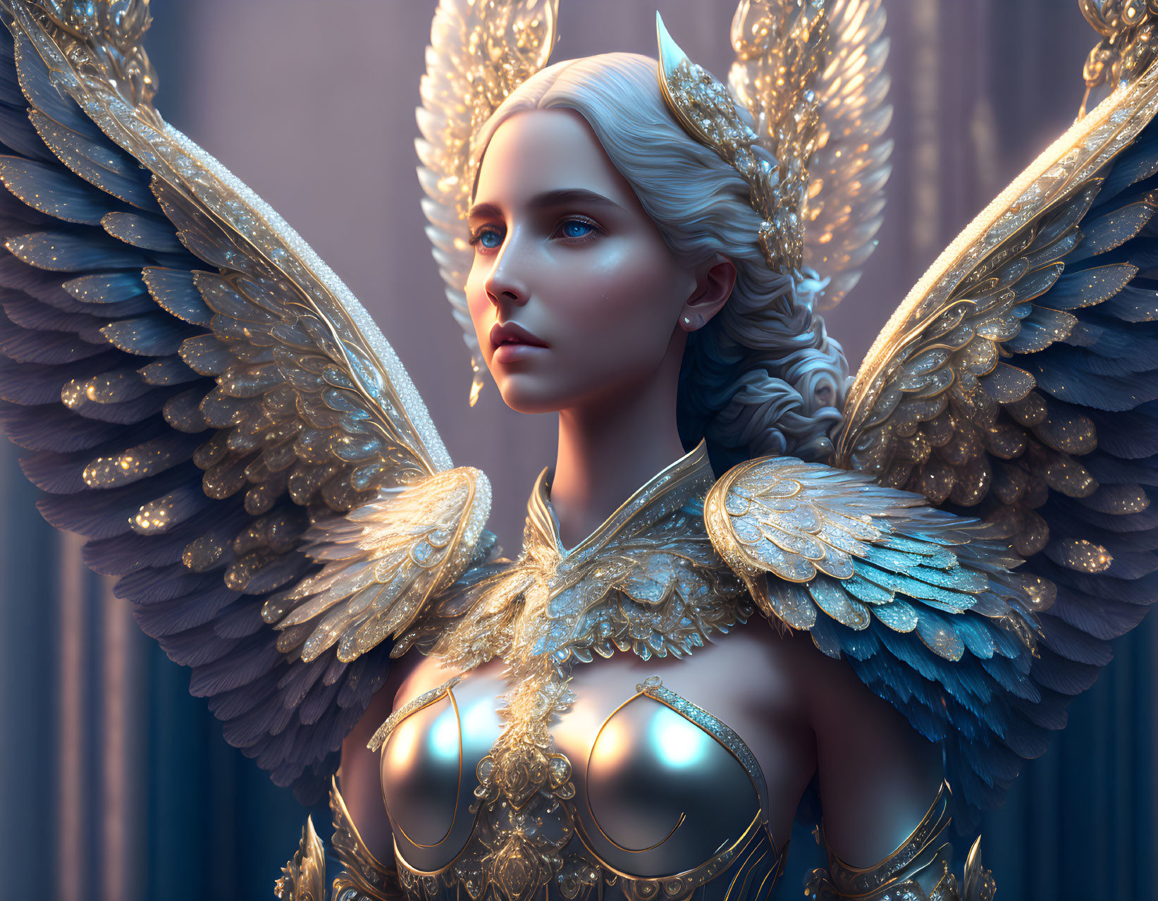 Majestic ethereal being with golden armor and intricate wings