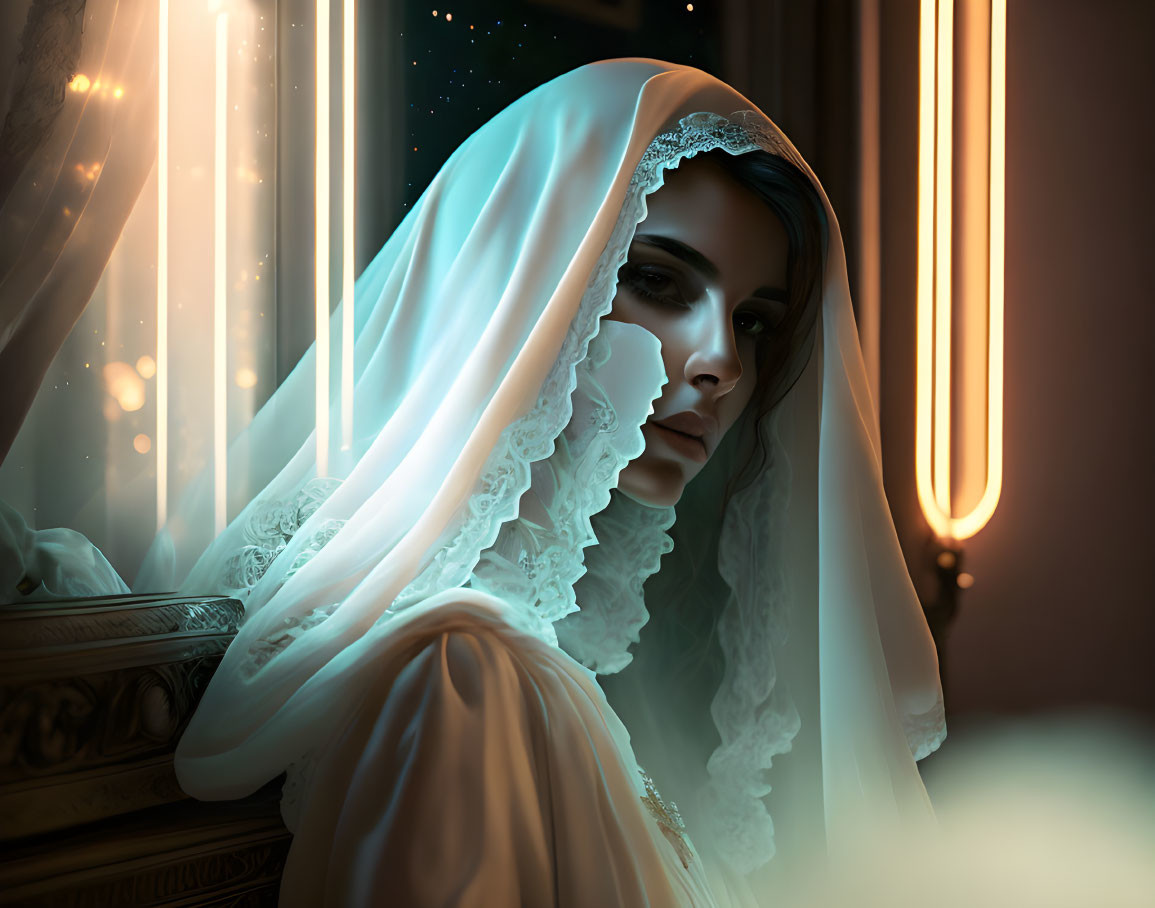 Elegant woman in white veil under ethereal night lighting