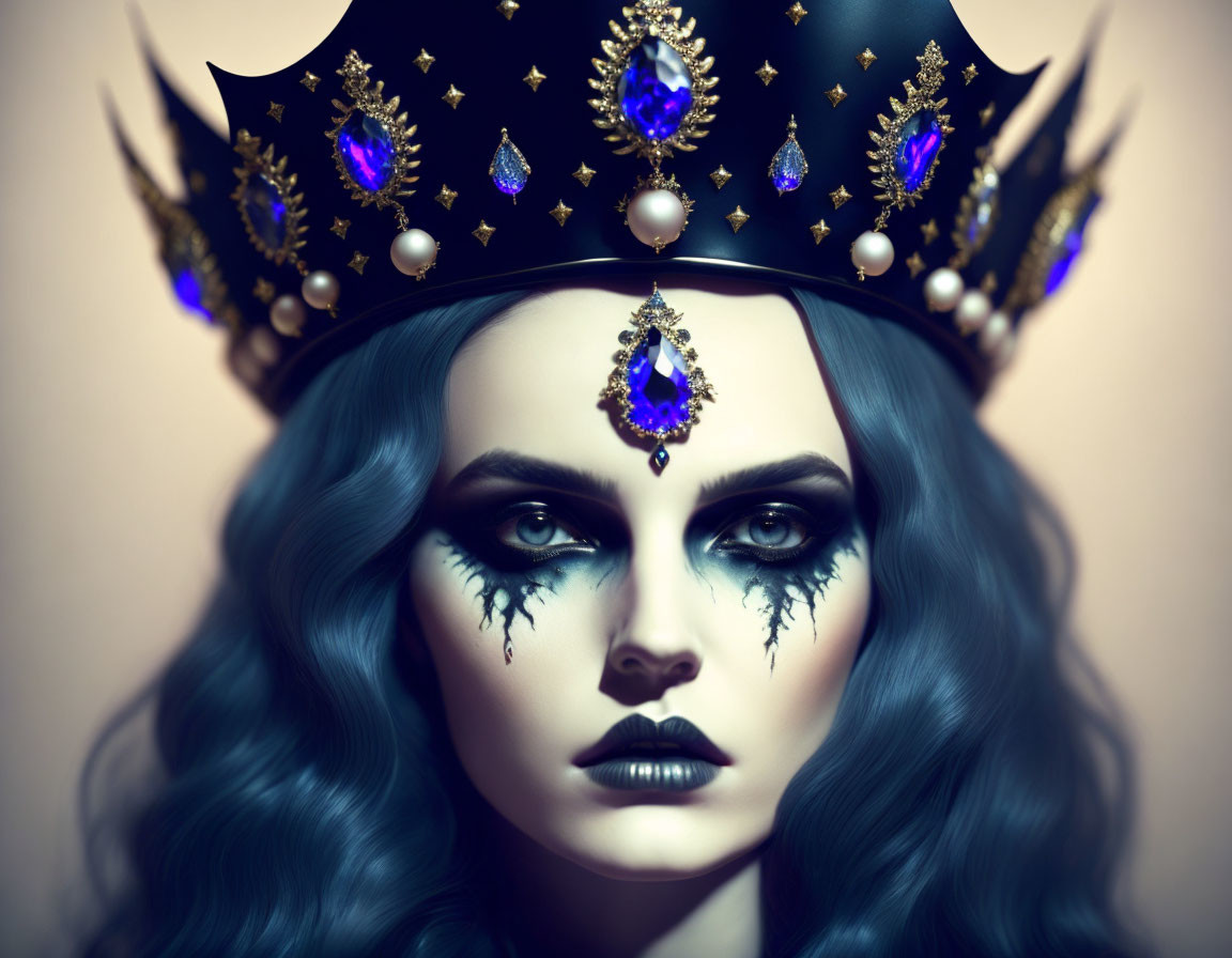 Person with Regal Black and Gold Crown and Blue Wavy Hair