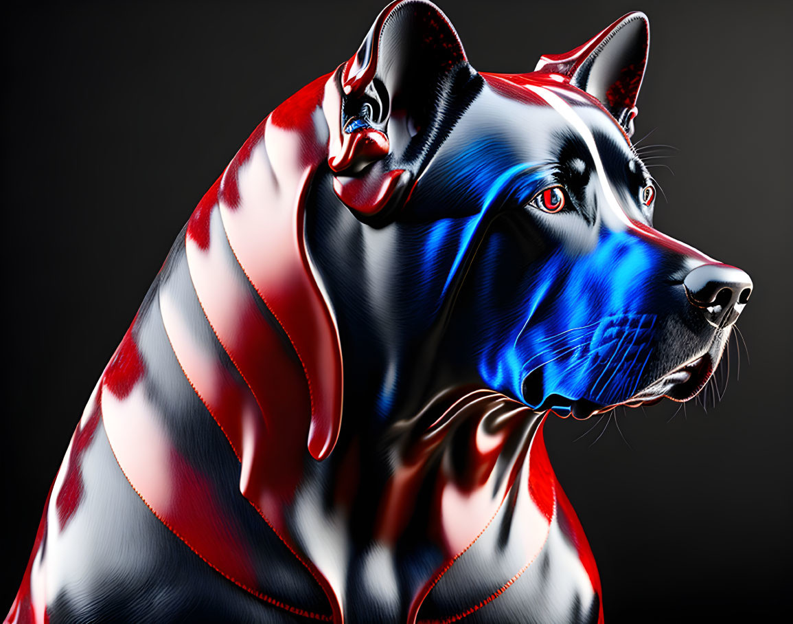 Glossy metallic dog art with red and blue hues on dark backdrop