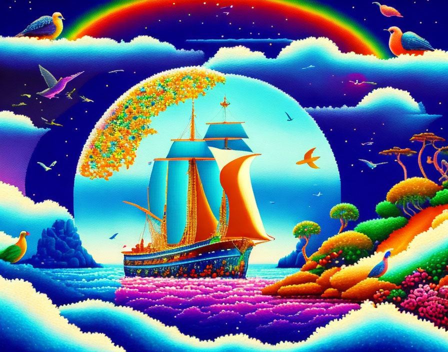 Colorful sailboat with orange sails on sea with rainbows, surrounded by fantastical flora and fauna