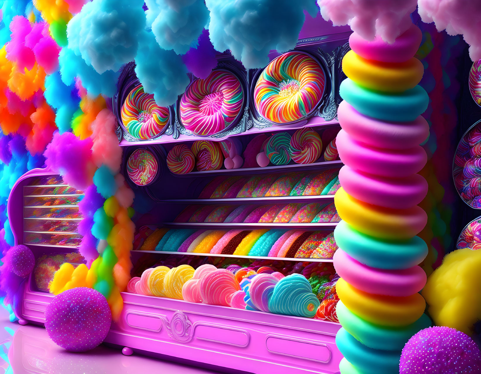 Colorful Candy-Inspired Fantasy Landscape with Pink Car, Lollipops, Rainbow Stairs