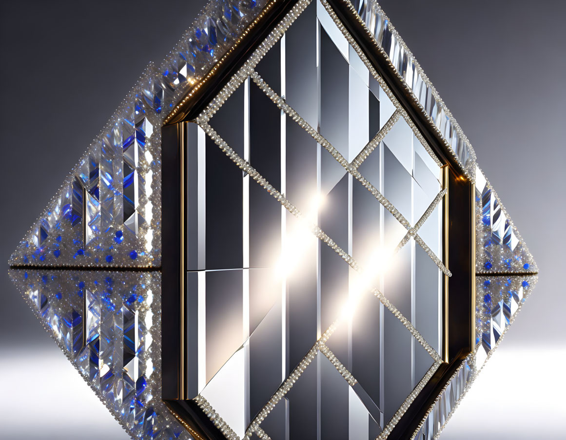 Geometric Chandelier with Reflective Surfaces and Blue Crystals