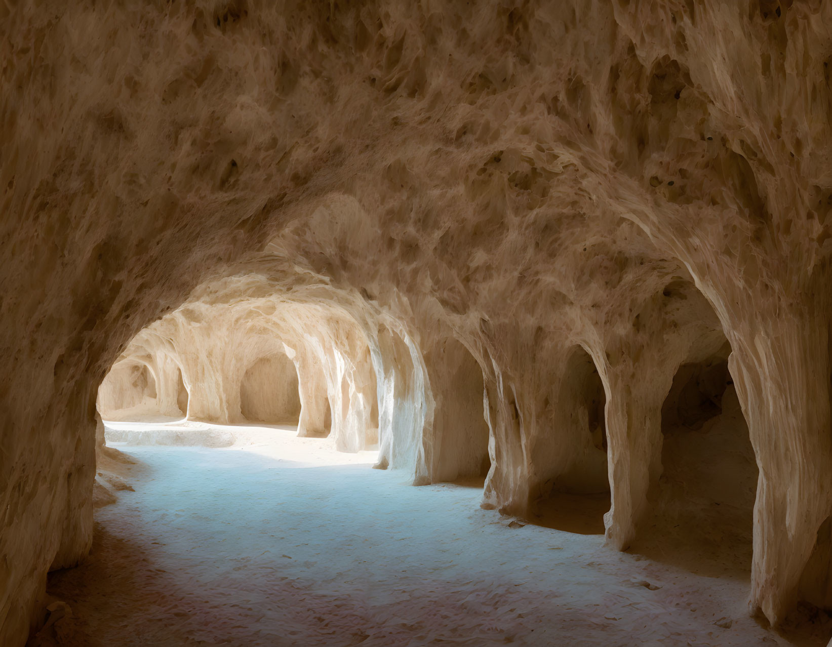 Spacious sandy cavern with textured walls and arched pathways