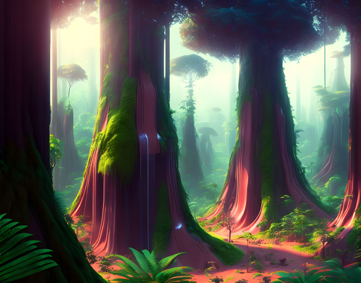 Lush Forest with Towering Trees and Waterfalls