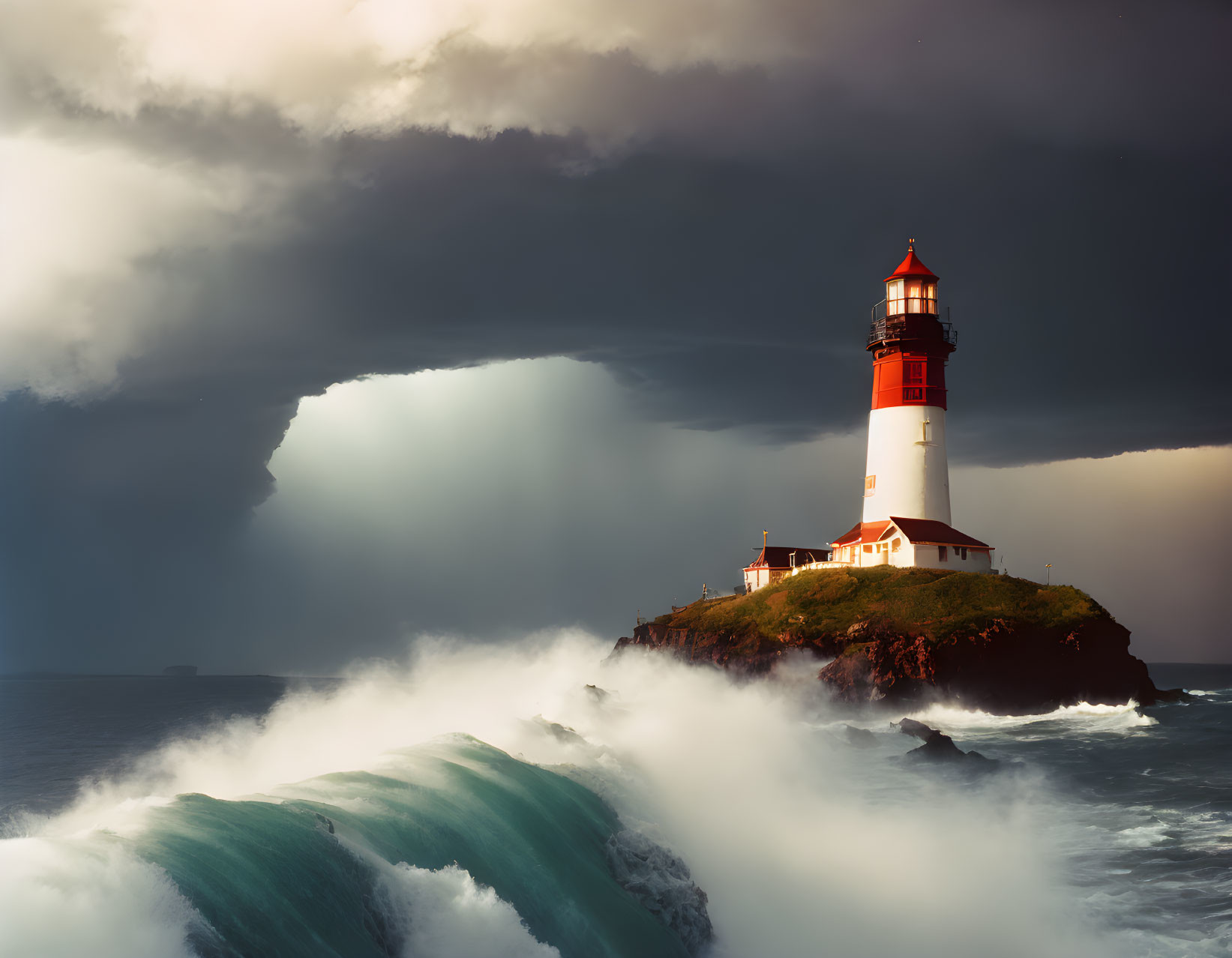 Rocky island lighthouse with crashing waves and stormy sky