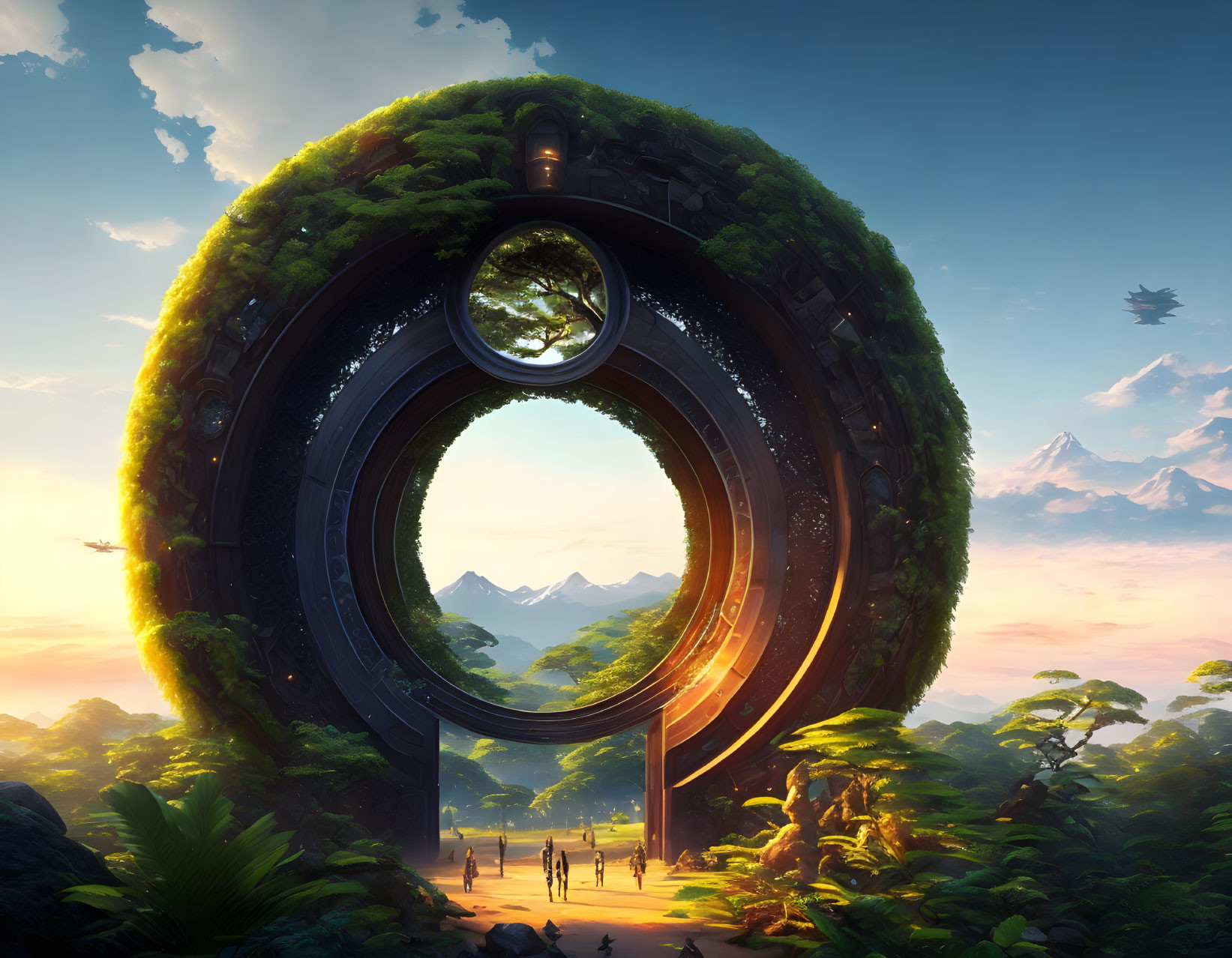 Giant circular futuristic structure with foliage in lush landscape.