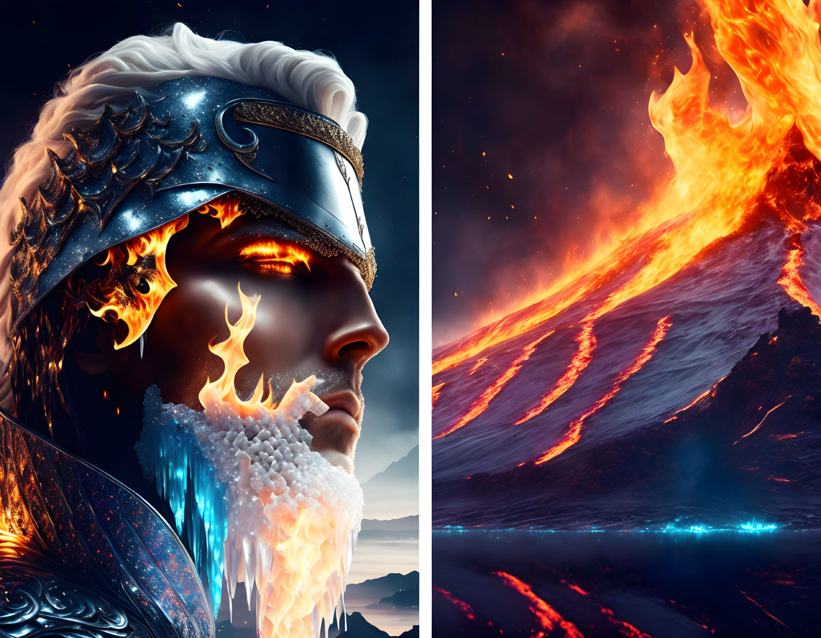 Fantasy knight with fiery eye and icy beard next to volcanic landscape with flowing lava