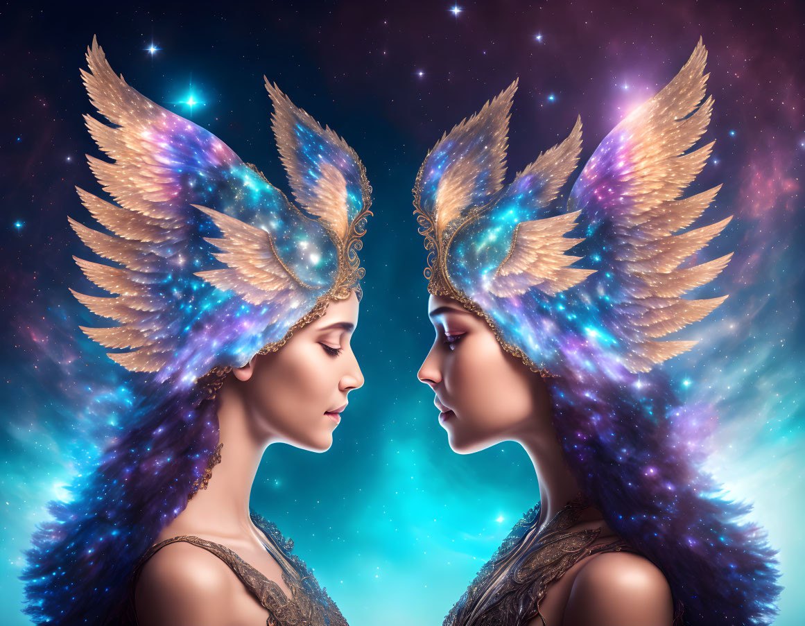 Women in ornate golden winged headpieces against cosmic starfield