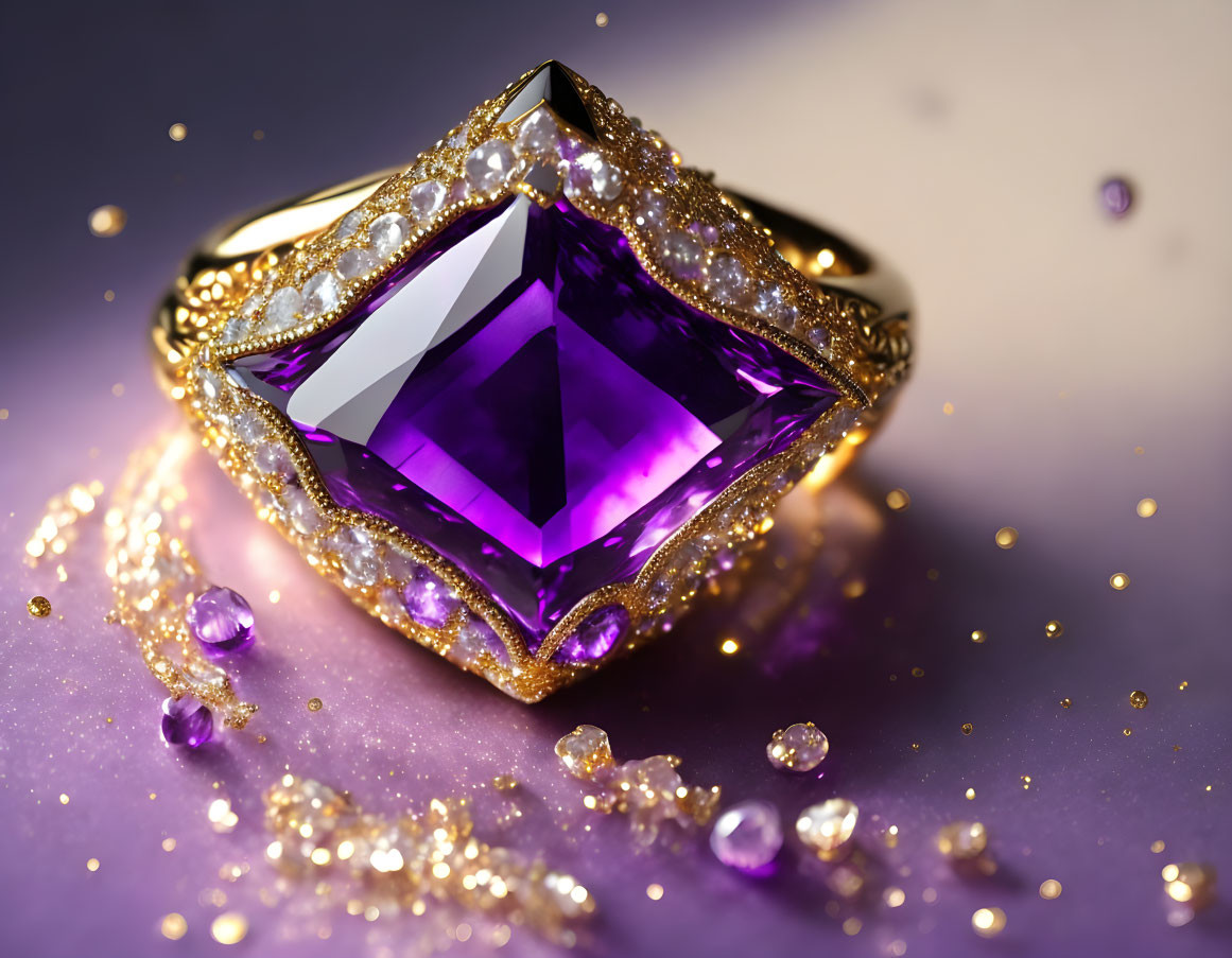 Luxurious gold ring with large purple gemstone and diamonds on purple backdrop