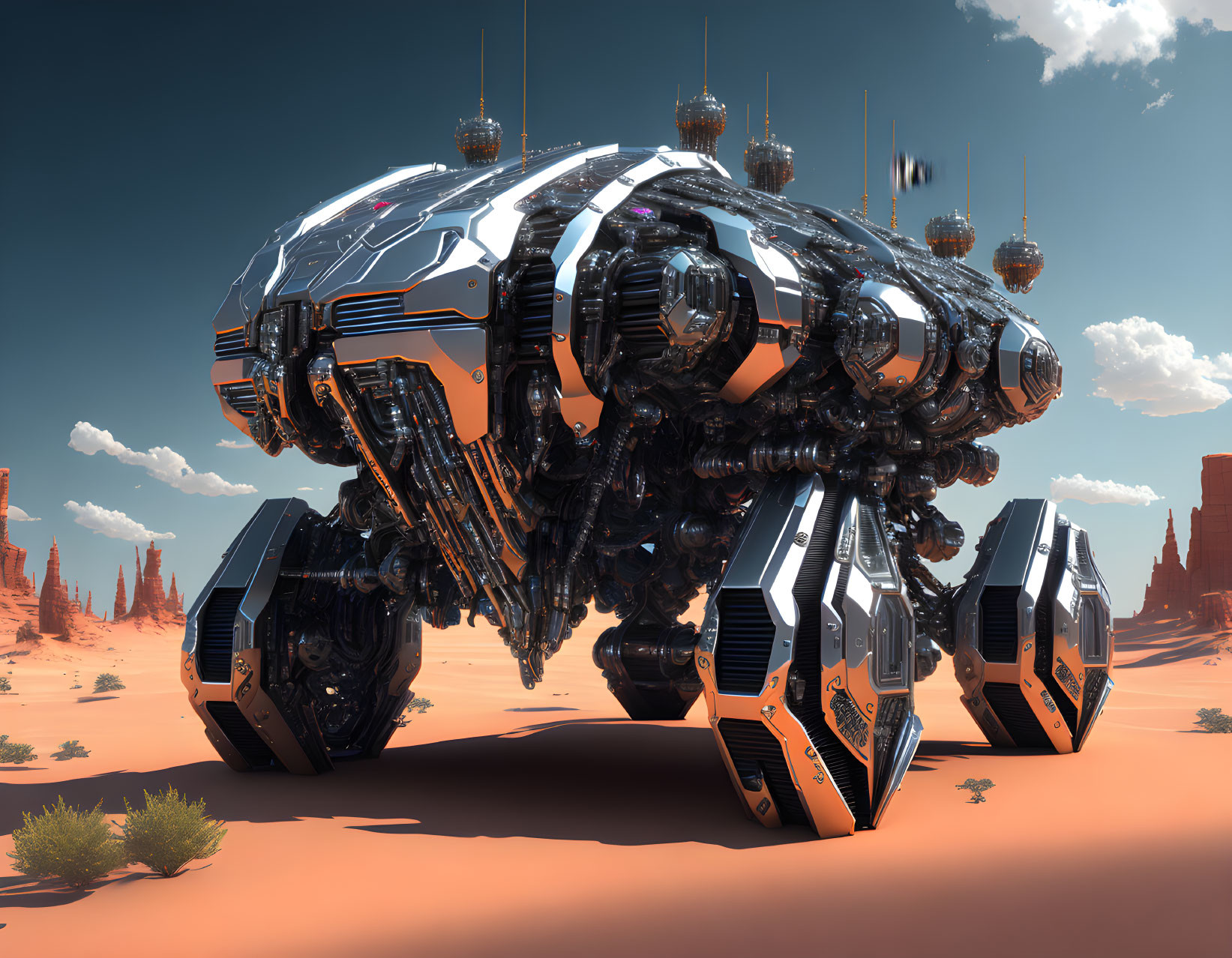 Futuristic vehicle with spherical modules and mechanical legs in desert landscape