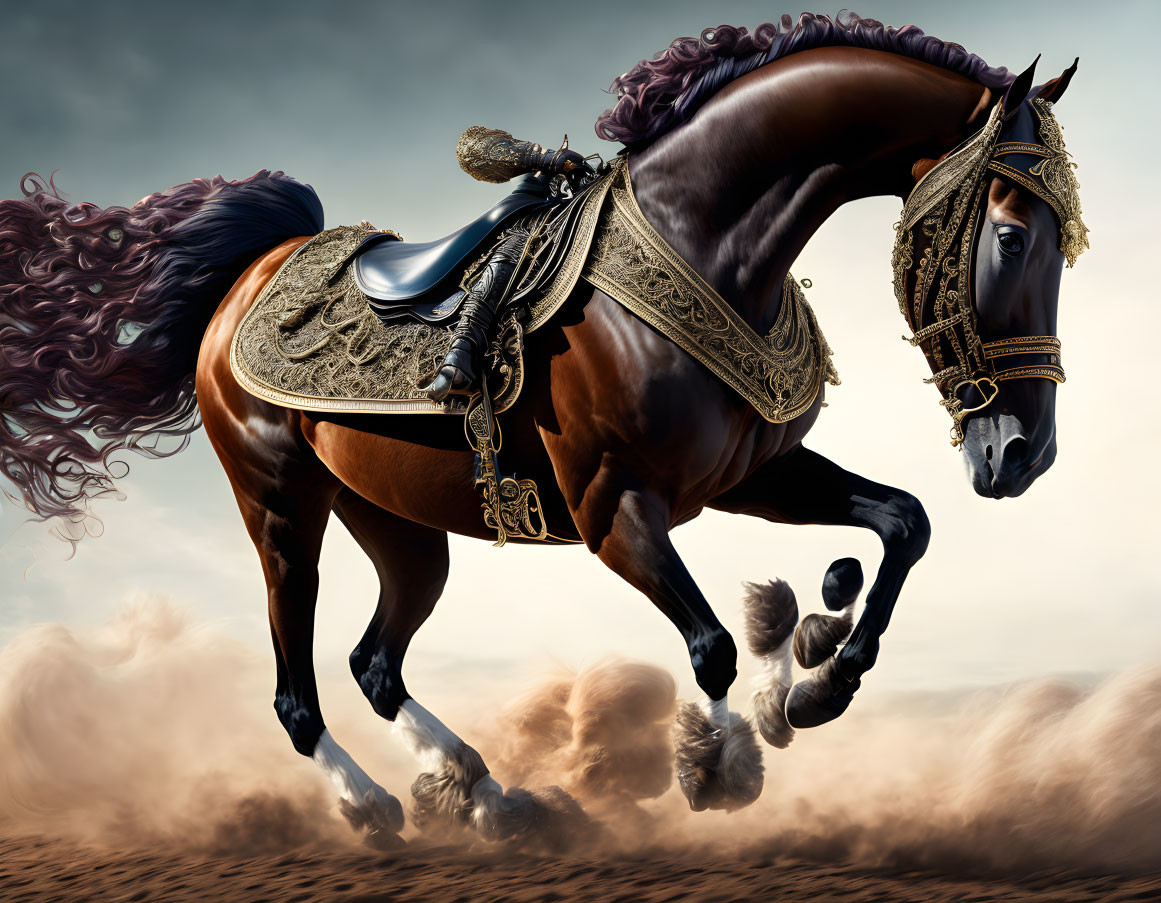 Brown horse galloping with elaborate tack under dramatic sky