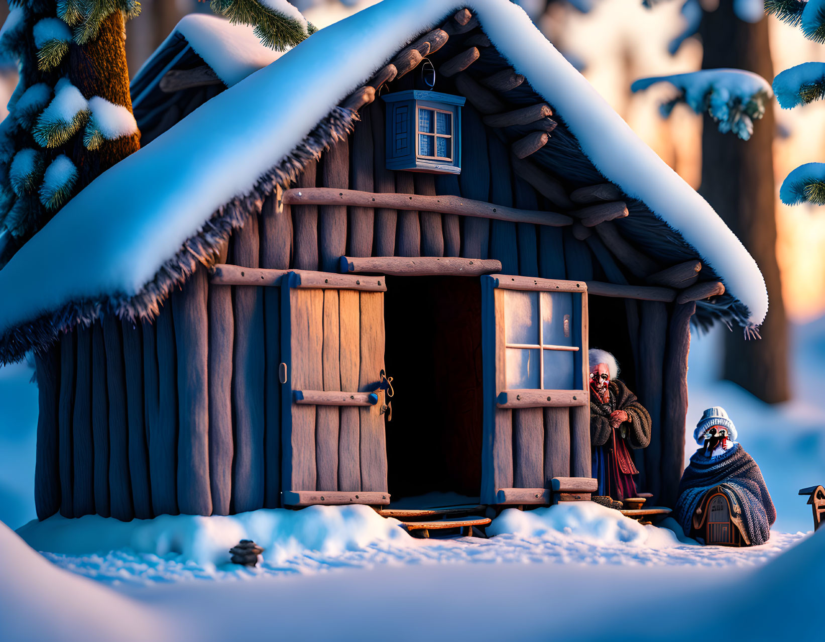 Wooden cabin in snow with figures under twilight sky