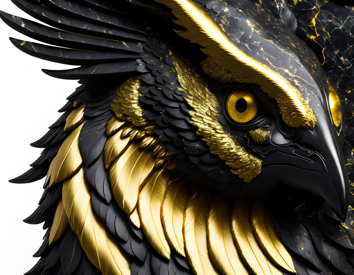 Detailed Digital Artwork: Eagle with Golden Accents & Yellow Eyes