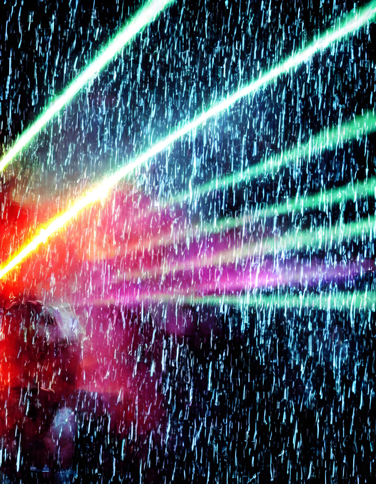 Colorful diagonal light streaks on digital rain backdrop: cyber sci-fi vibe