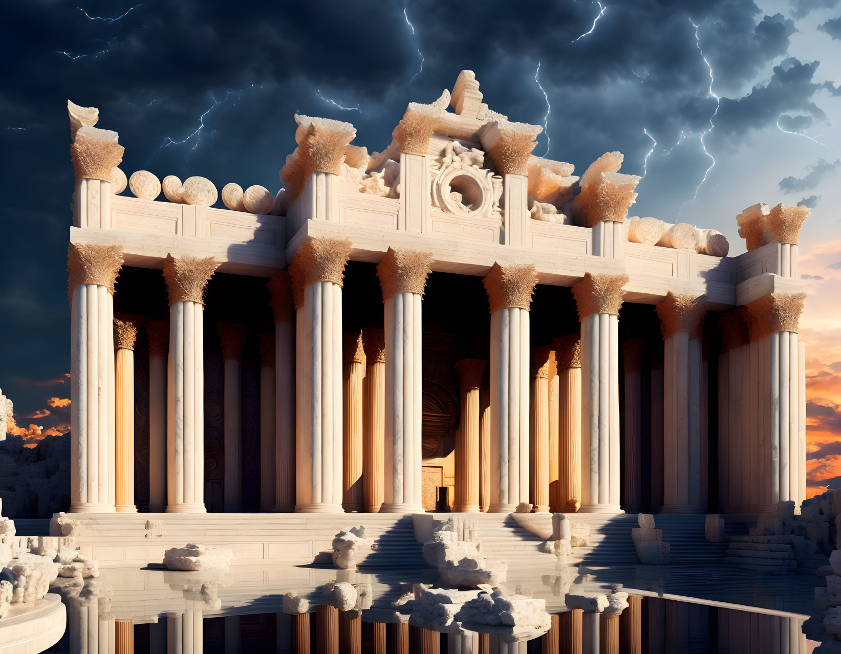 Classical Greek temple with Corinthian columns in surreal stormy sky