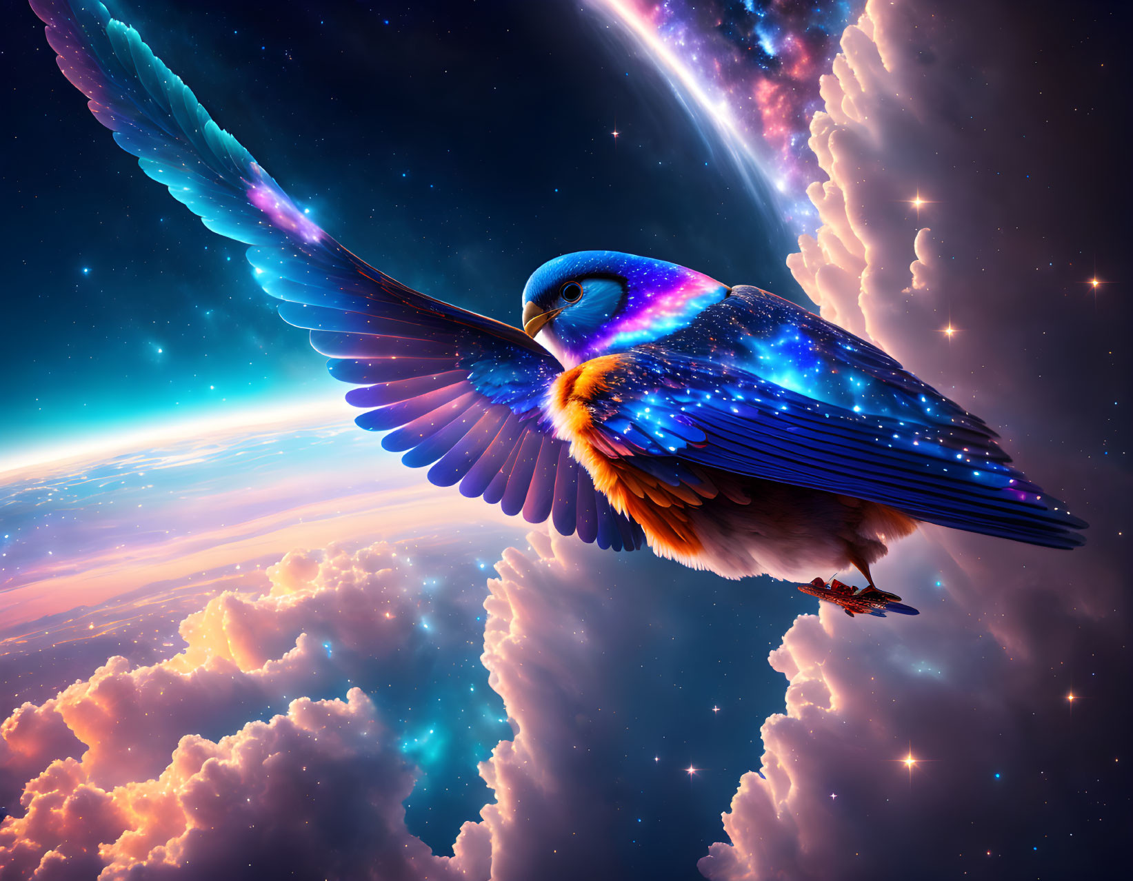 Colorful cosmic bird flying in nebula with stars and celestial body arc