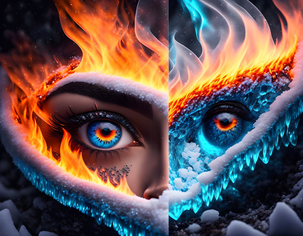 Split image of fiery and icy themes around a human eye.