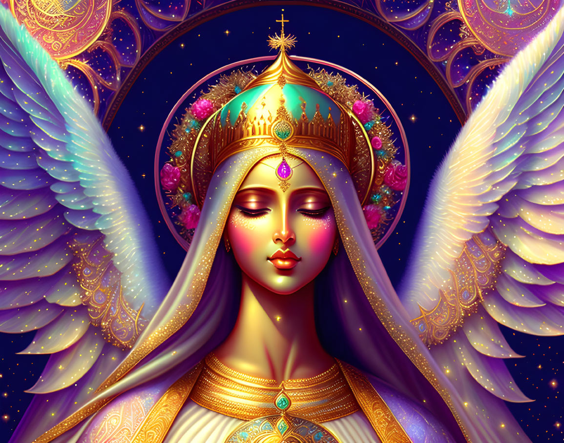 Serene angelic figure with golden crown and white wings against starry background