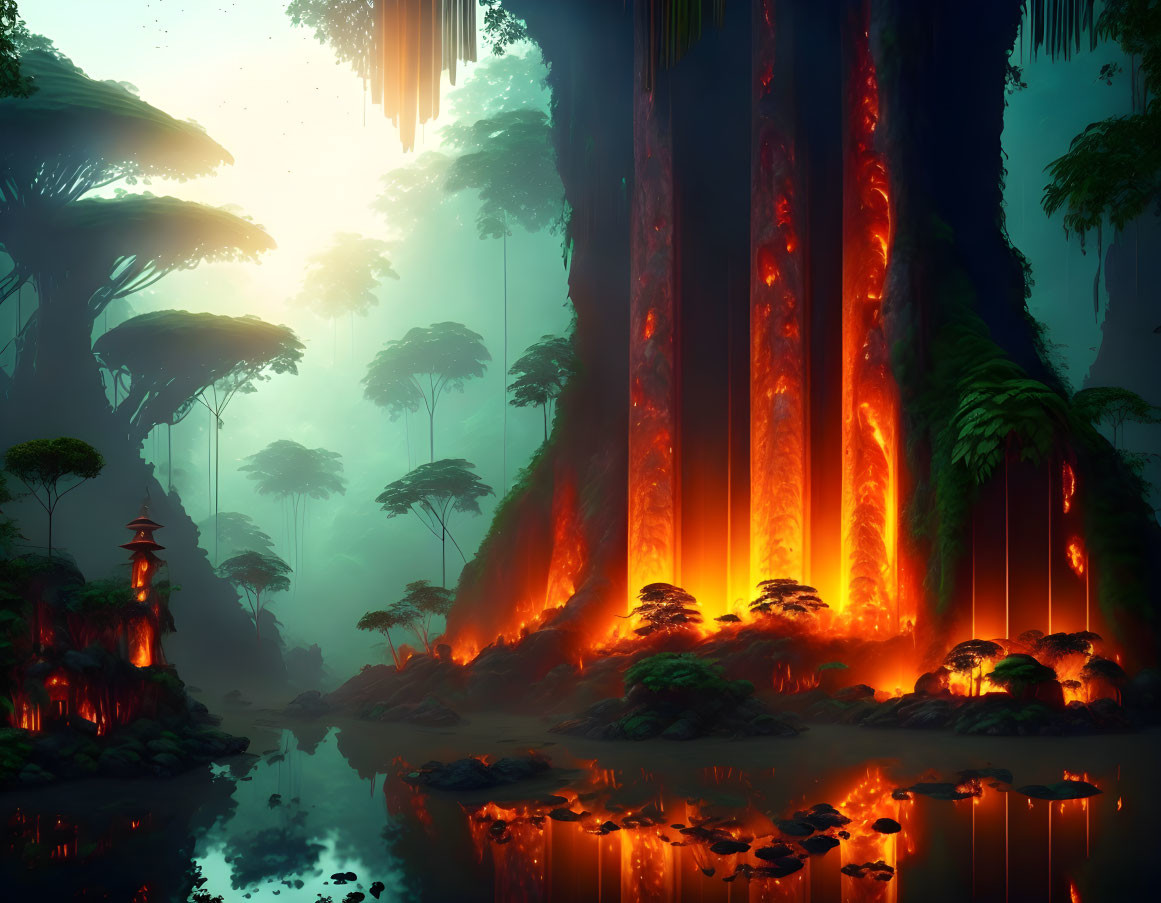 Enchanting forest scene with glowing tree trunks and serene water body