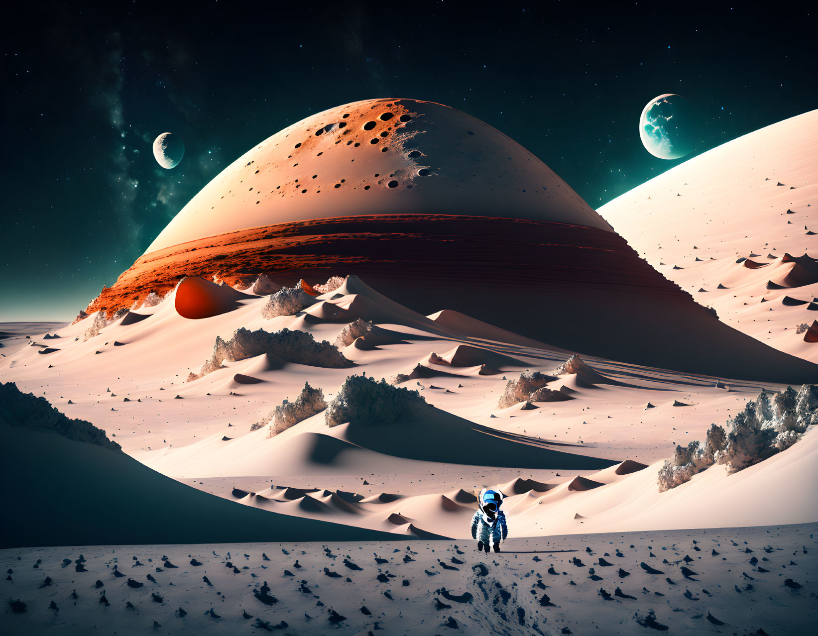 Astronaut exploring alien desert landscape with dunes and large planets in sky