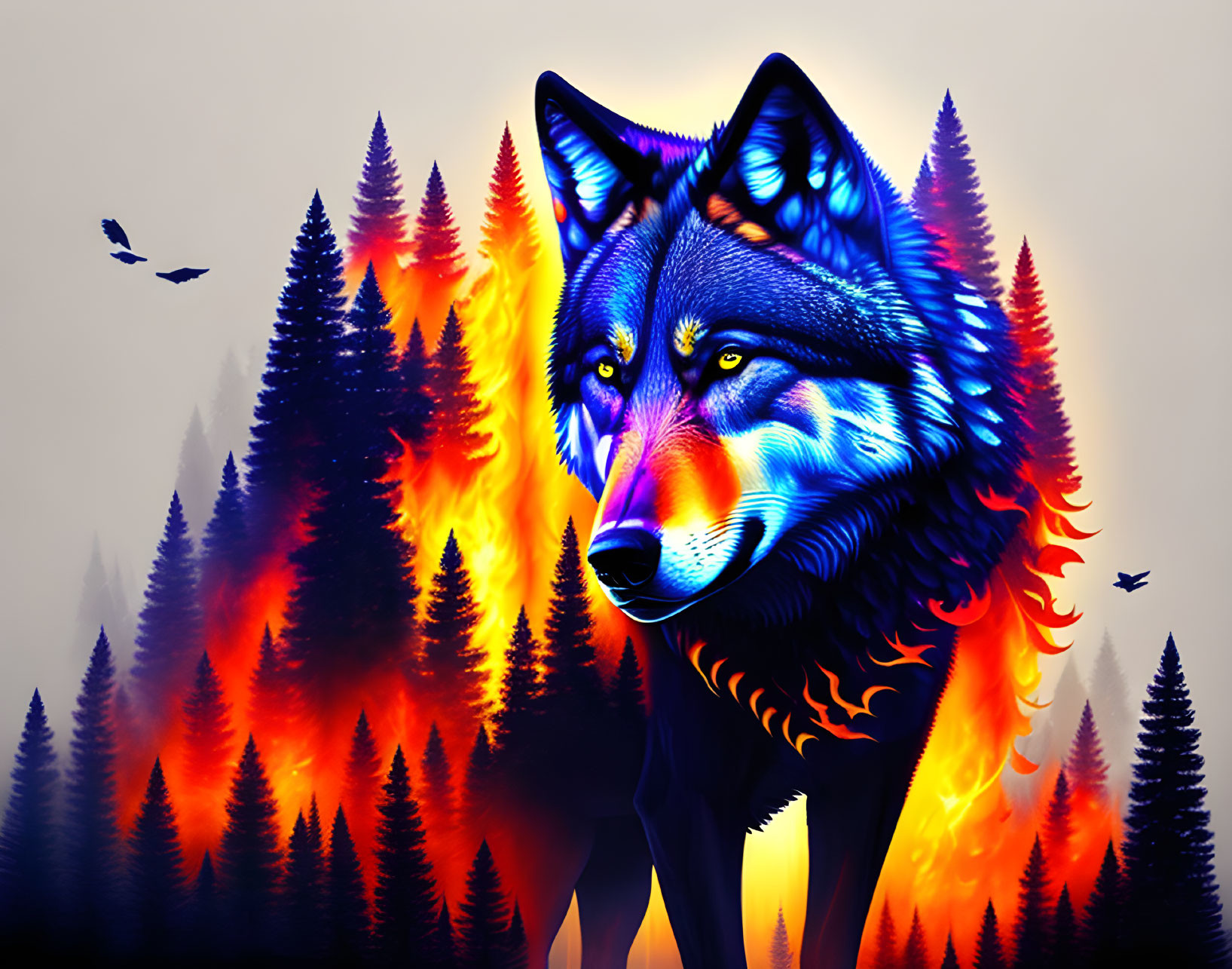 Colorful wolf in front of burning forest with flying birds