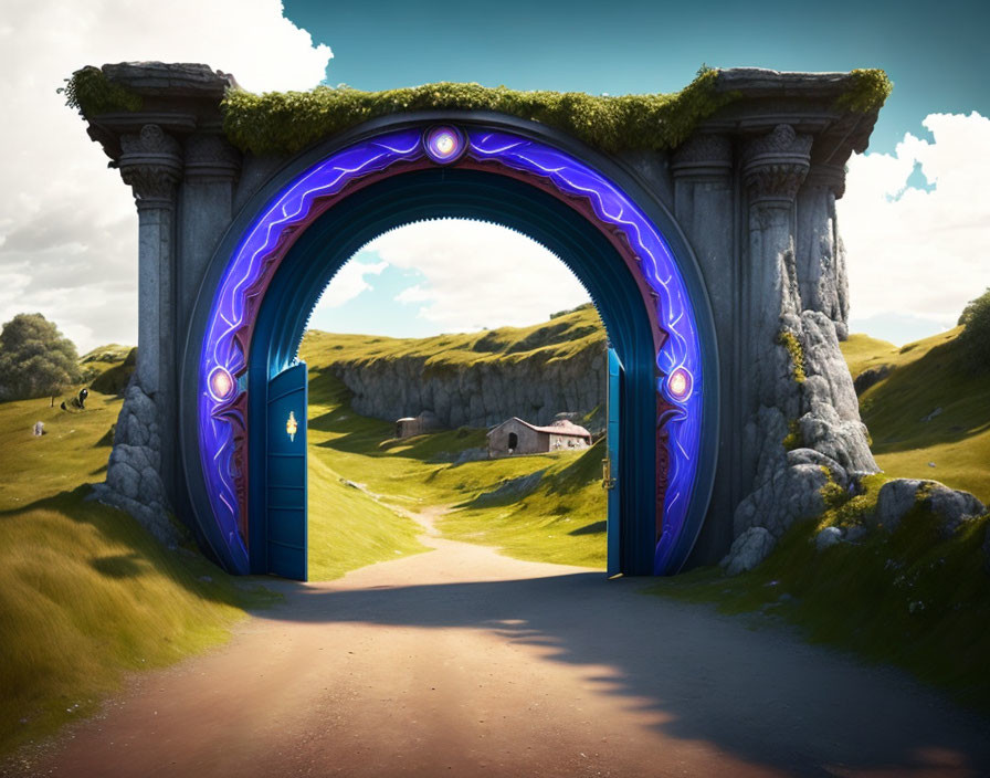 Ancient stone archway with glowing runes revealing serene rural landscape