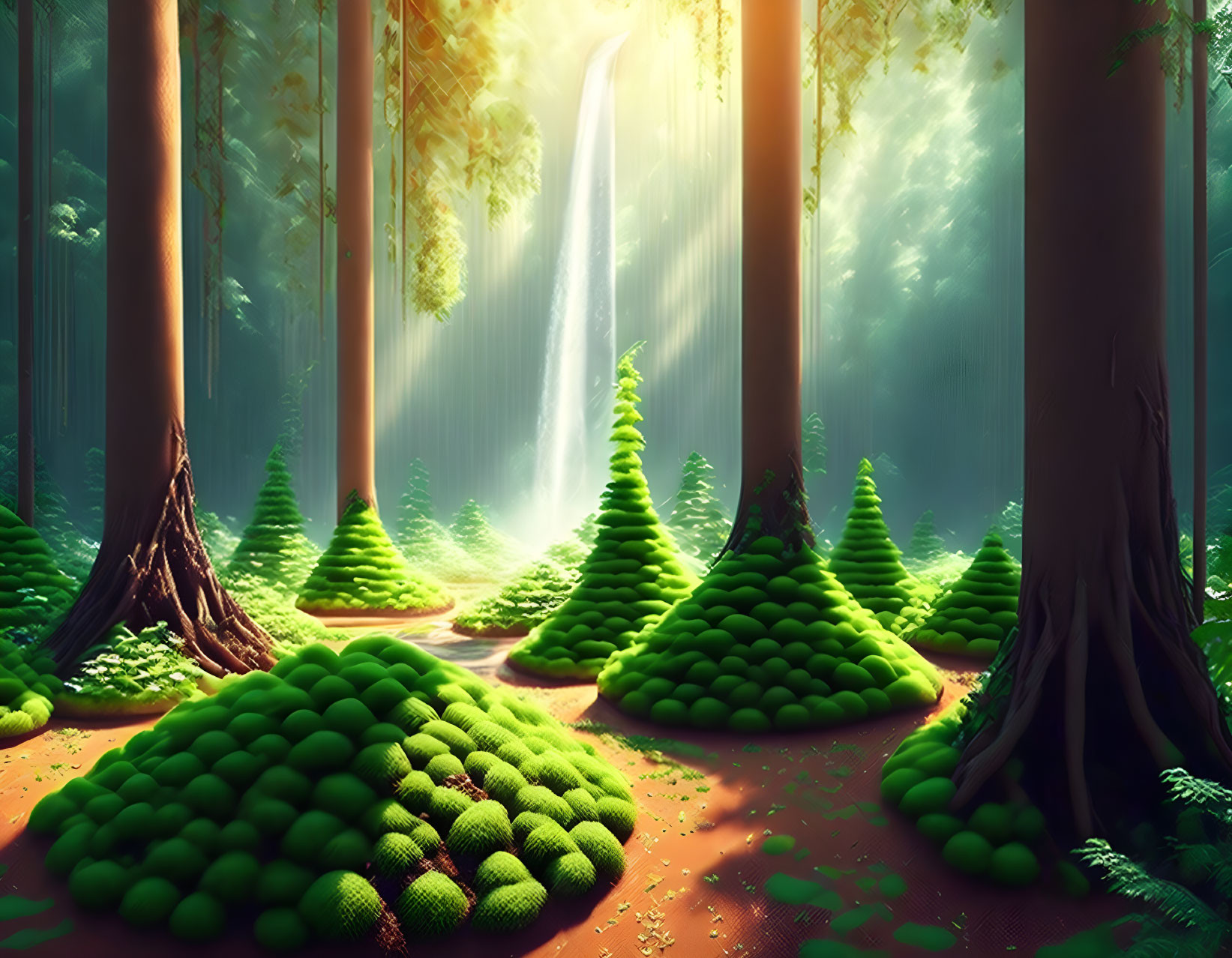 Enchanting forest with oversized green plants and towering trees