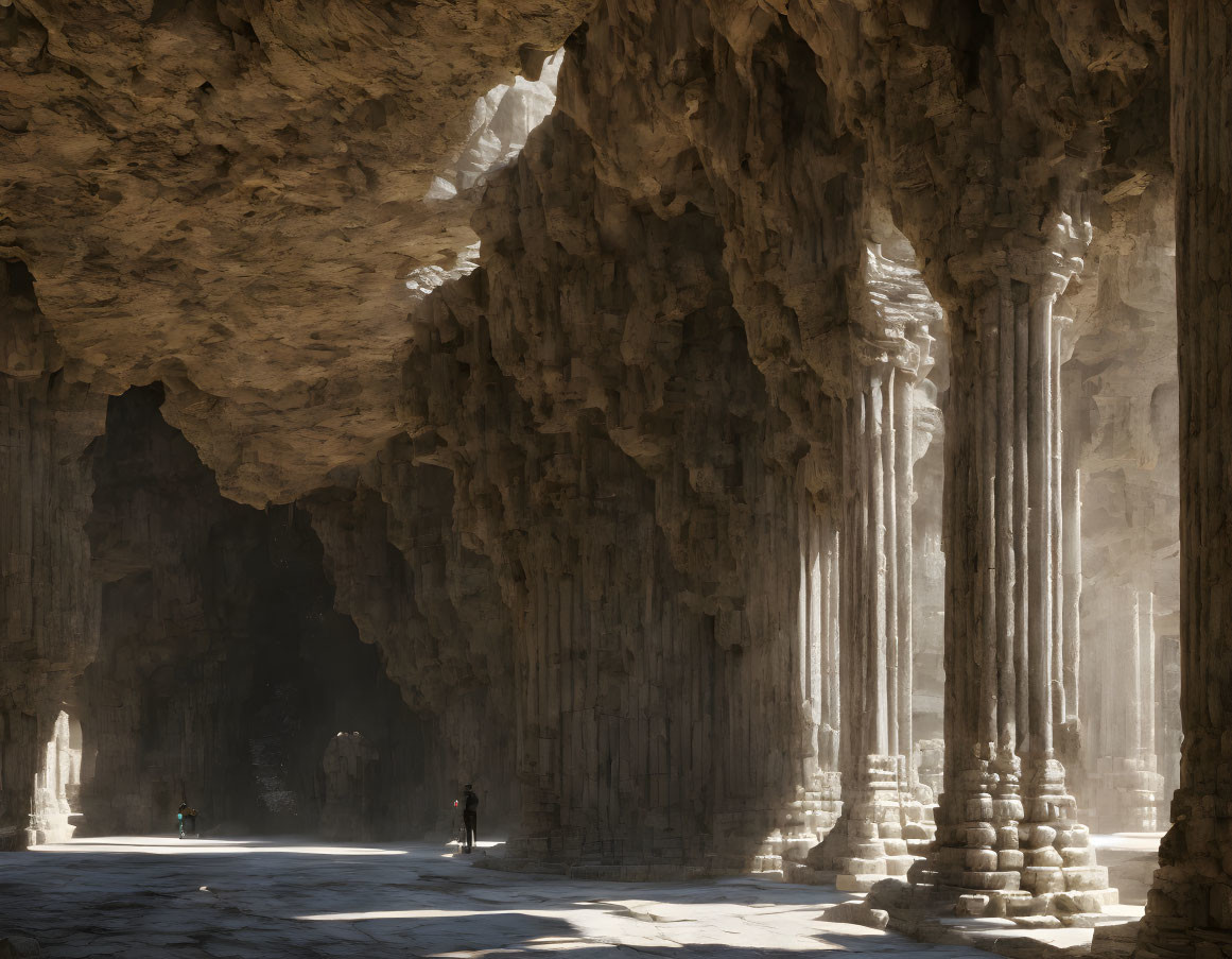 Vast underground cavern with towering pillars and tiny human figures