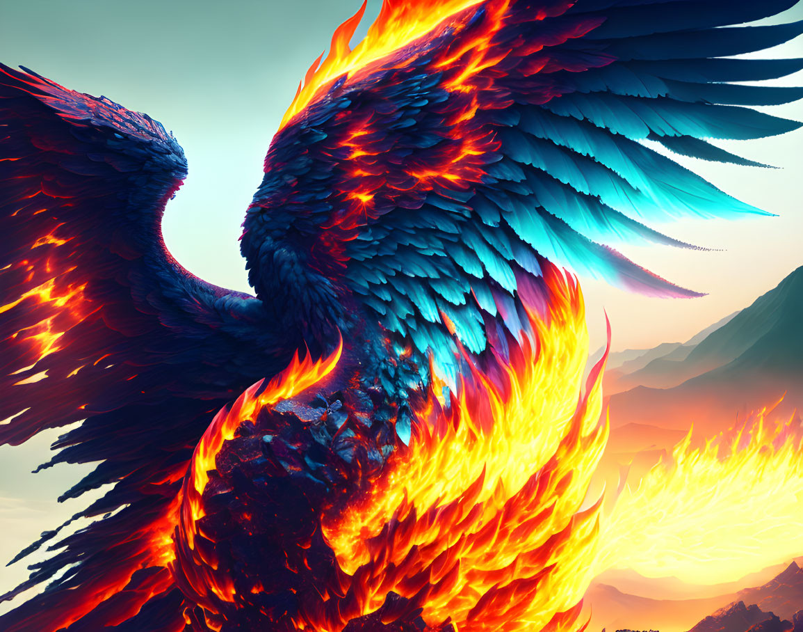 Phoenix Digital Art: Fiery Orange & Red Plumage Against Blue Tones & Mountain Backdrop