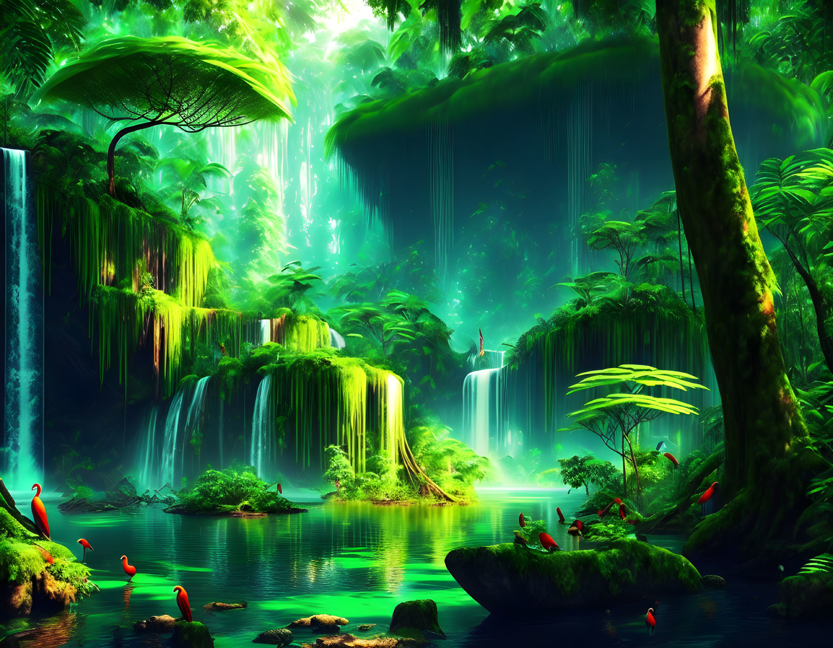 Enchanting forest digital artwork with waterfalls and flamingos