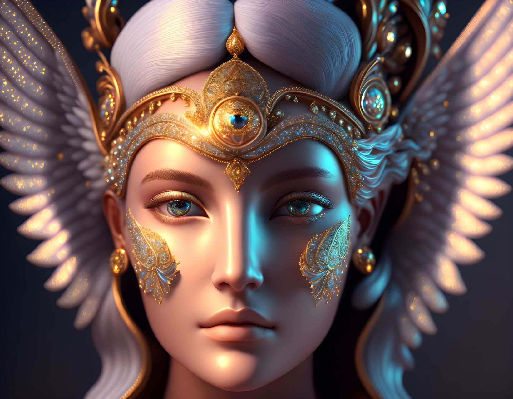 Person depicted in digital art with ornate golden headgear and facial decorations, including winged motifs and