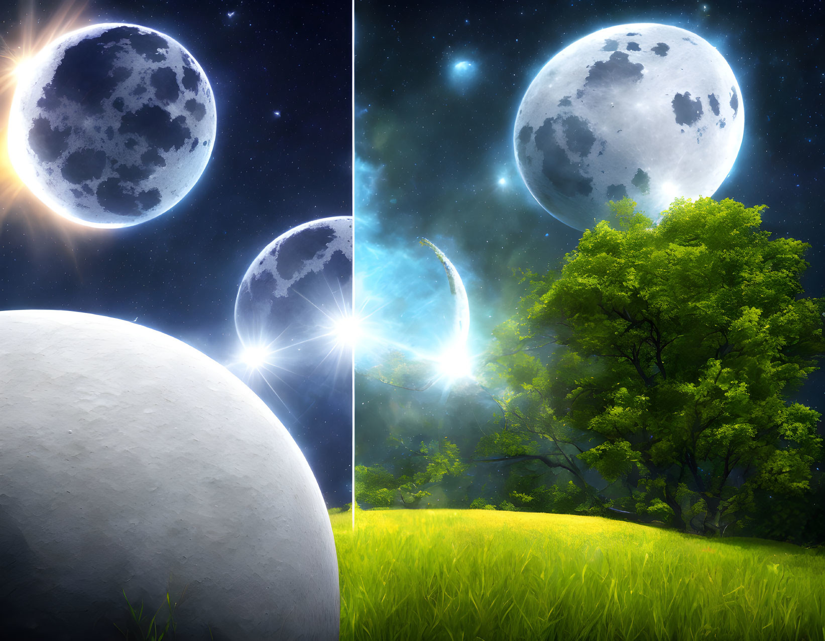 Split-scene view: tree and grass in daylight vs. same scene under starry sky with multiple