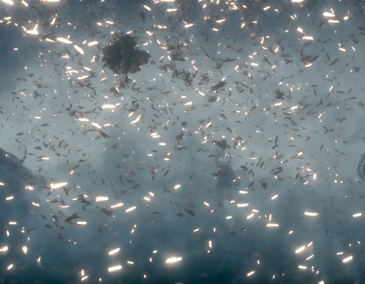 Underwater Diver Surrounded by Small Fish and Sunlight Shafts