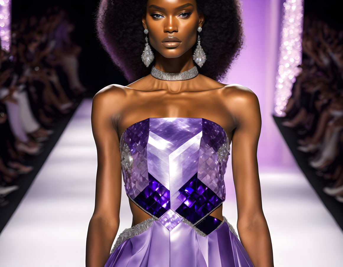 Fashion model showcases geometric purple gown with silver details and voluminous curly hair.