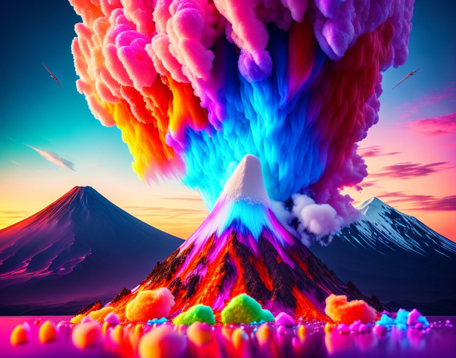 Vibrant rainbow volcanic eruption with candy-like textures