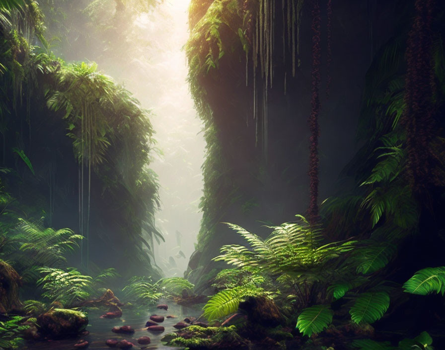 Lush Jungle Scene with Mist, Sunlight, Stream, and Foliage