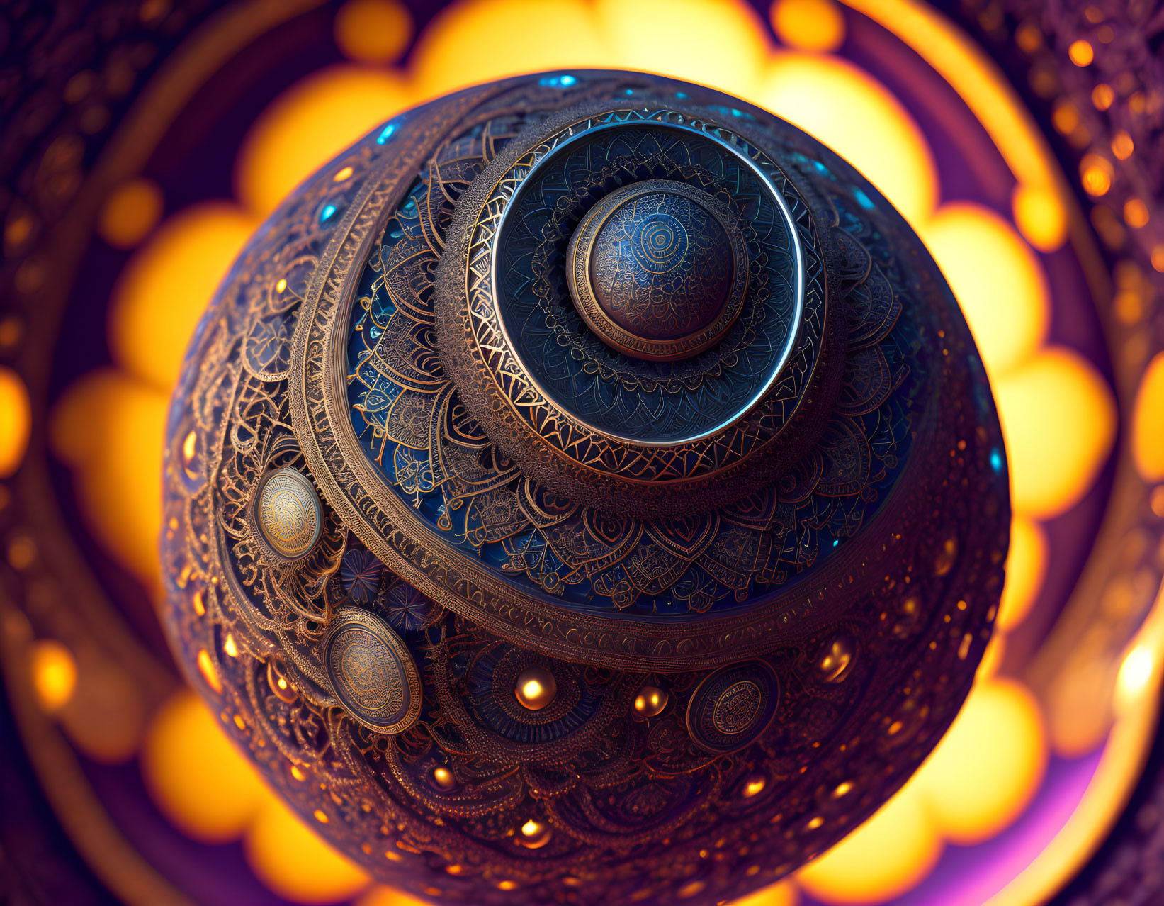 Metallic spherical object with intricate geometric and mandala designs on warm bokeh background