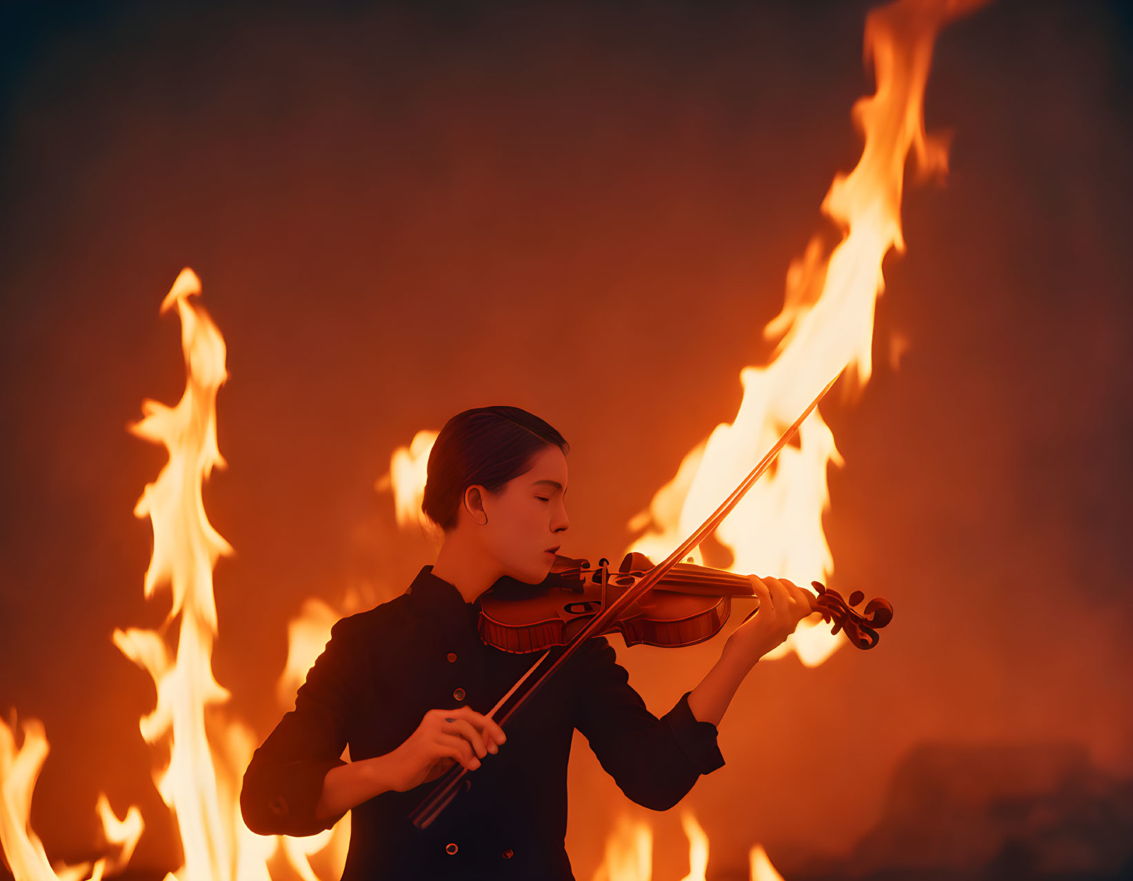 Violinist performs amidst flames in intense scene