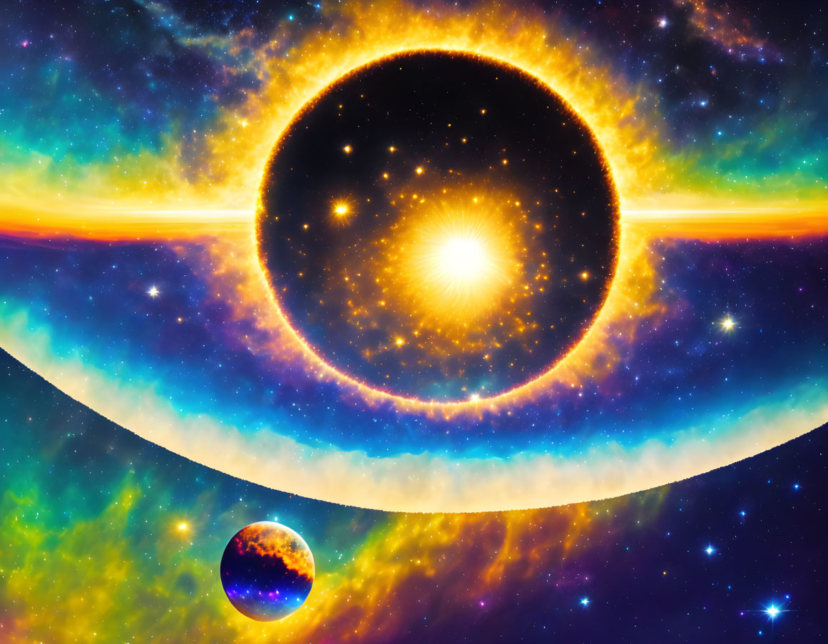 Colorful cosmic scene: black eclipse, radiant star, galaxy backdrop, small planet