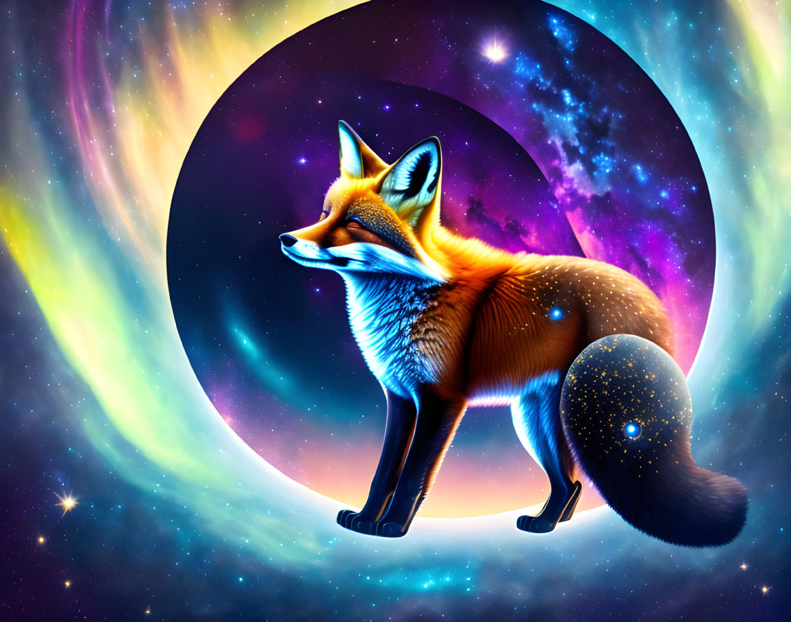 Colorful Digital Artwork: Fox with Starry Texture on Cosmic Background