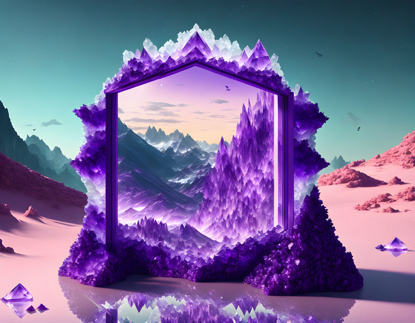 Surreal digital artwork: Amethyst portal to mountain landscape